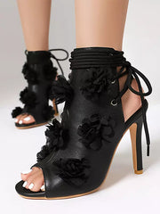 Casual Peep Toe Flowers Detail Lace Up High Heel Bootie