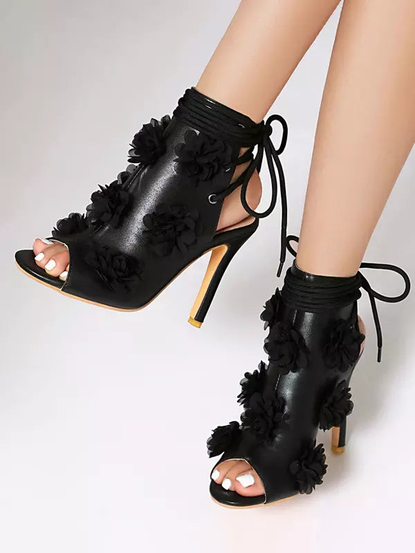 Casual Peep Toe Flowers Detail Lace Up High Heel Bootie