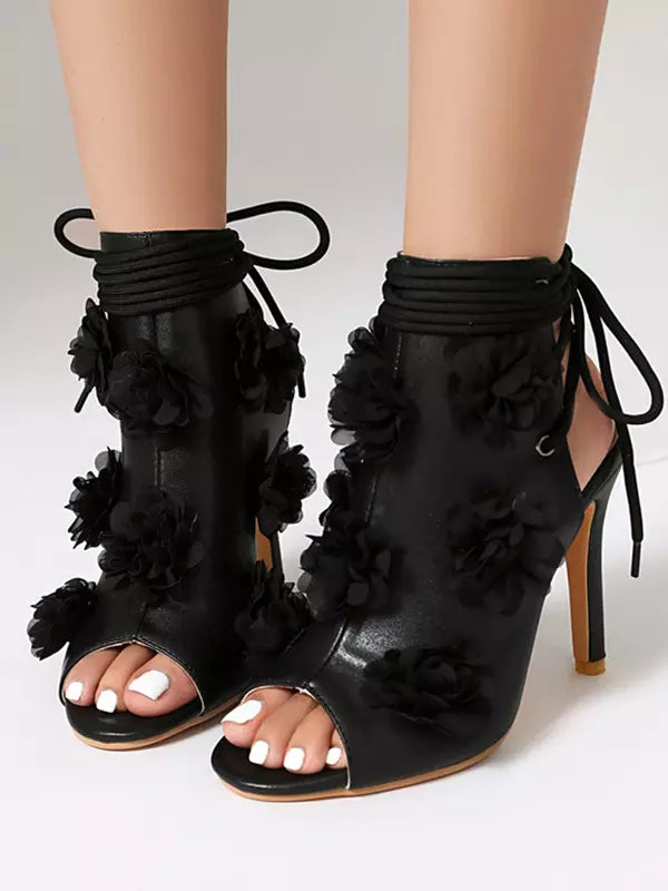 Casual Peep Toe Flowers Detail Lace Up High Heel Bootie
