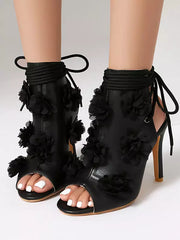 Casual Peep Toe Flowers Detail Lace Up High Heel Bootie