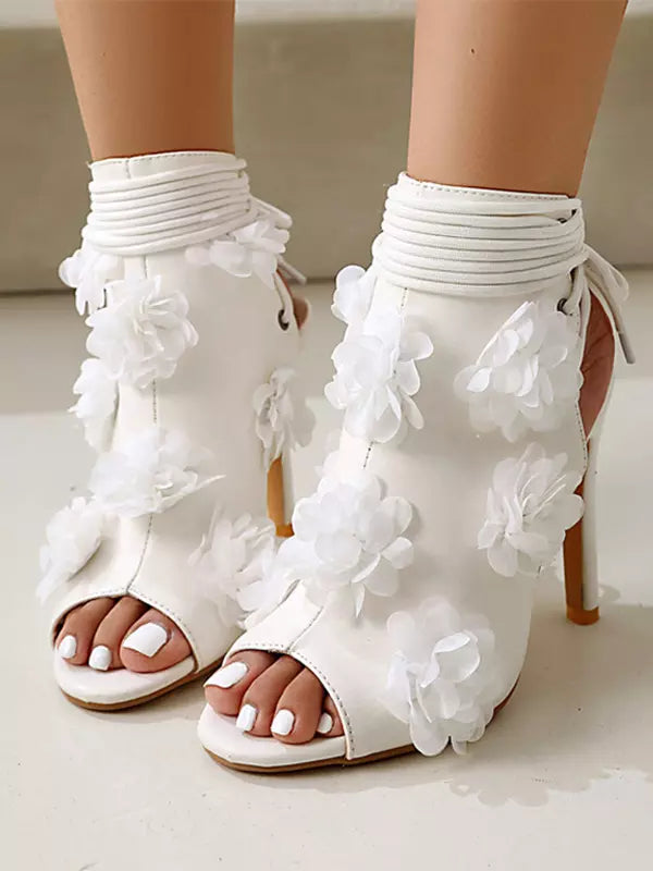 Casual Peep Toe Flowers Detail Lace Up High Heel Bootie