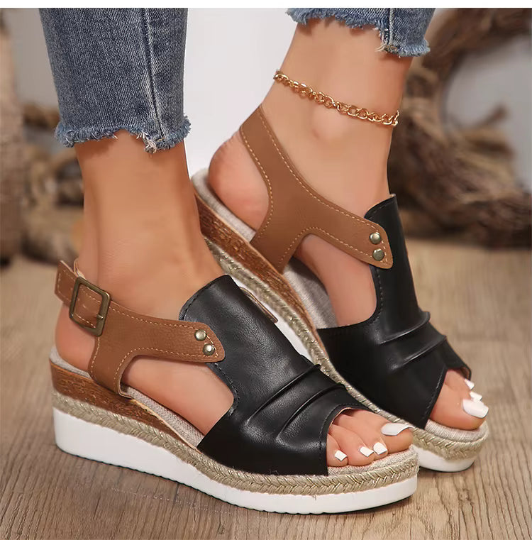 Casual Peep Toe Open Patchwork Hemp Wedges Heels