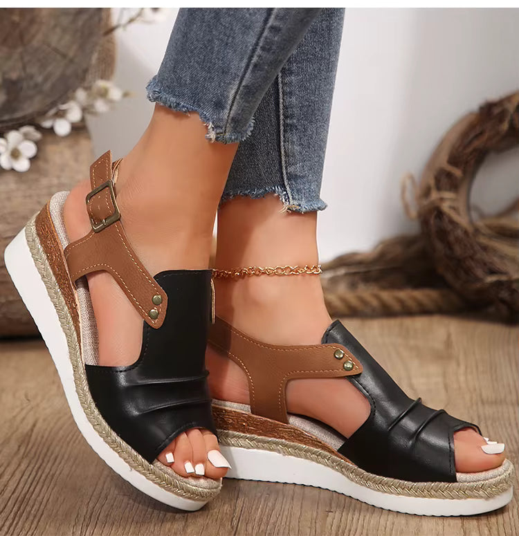 Casual Peep Toe Open Patchwork Hemp Wedges Heels