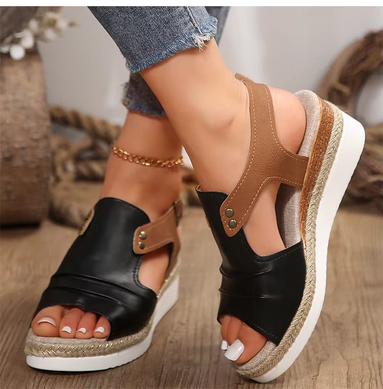 Casual Peep Toe Open Patchwork Hemp Wedges Heels