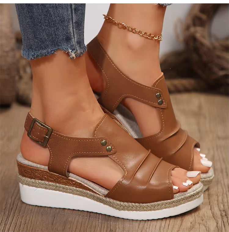 Casual Peep Toe Open Patchwork Hemp Wedges Heels