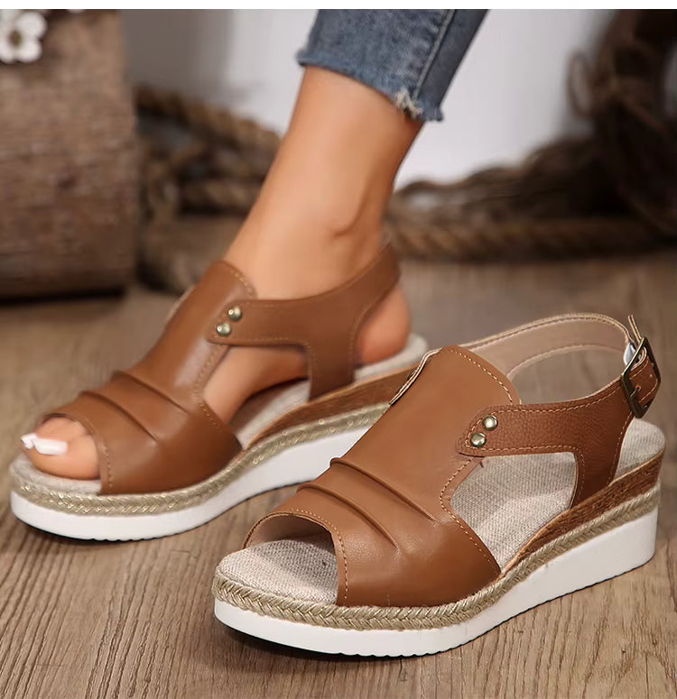 Casual Peep Toe Open Patchwork Hemp Wedges Heels