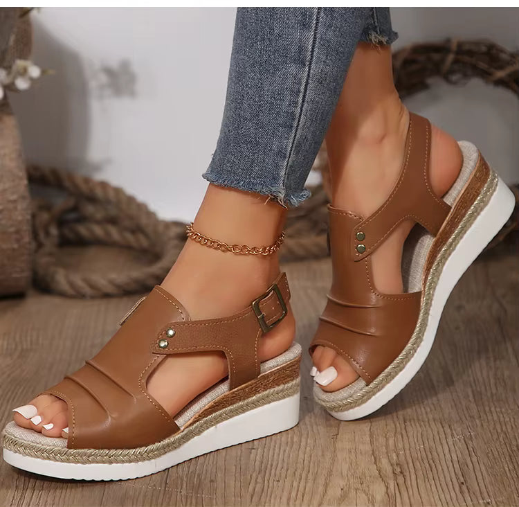 Casual Peep Toe Open Patchwork Hemp Wedges Heels