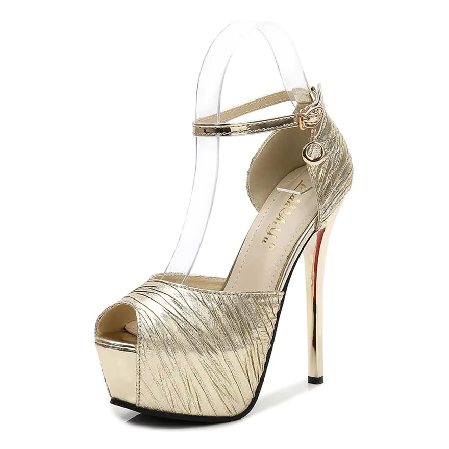 Casual Peep Toe Platform Wrinkled Leather Metal Buckle High Heels