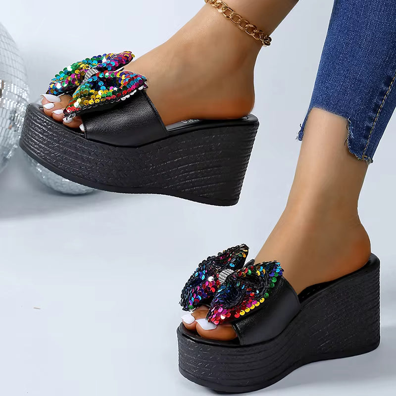Casual Platform Colorful Glitter Big Bowtie Slides Thick Bottom Slippers