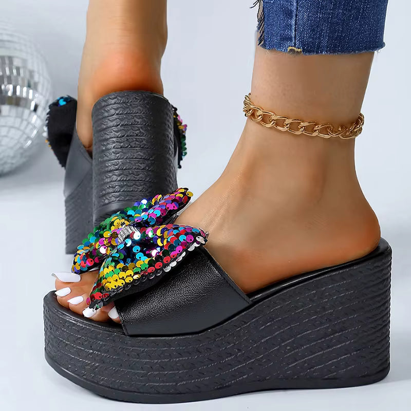 Casual Platform Colorful Glitter Big Bowtie Slides Thick Bottom Slippers