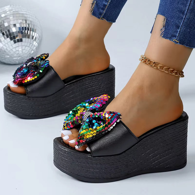 Casual Platform Colorful Glitter Big Bowtie Slides Thick Bottom Slippers