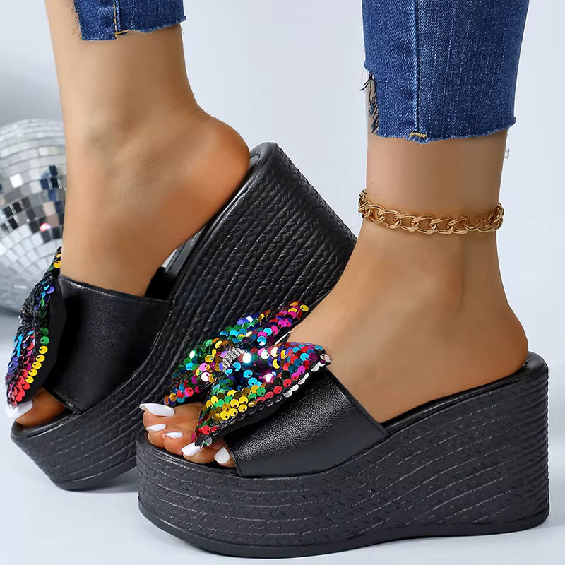 Casual Platform Colorful Glitter Big Bowtie Slides Thick Bottom Slippers