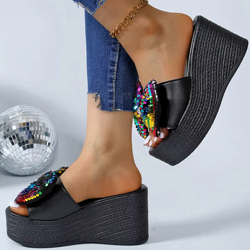 Casual Platform Colorful Glitter Big Bowtie Slides Thick Bottom Slippers
