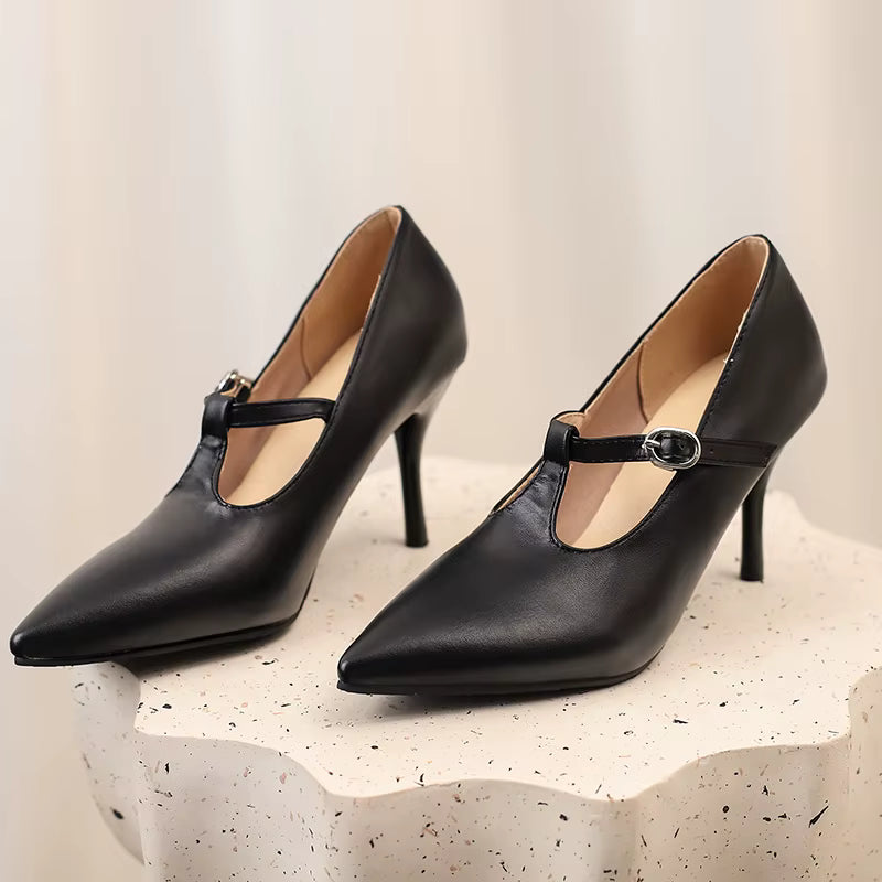 Casual Pointed Toe Leather Buckle Strap High Heel