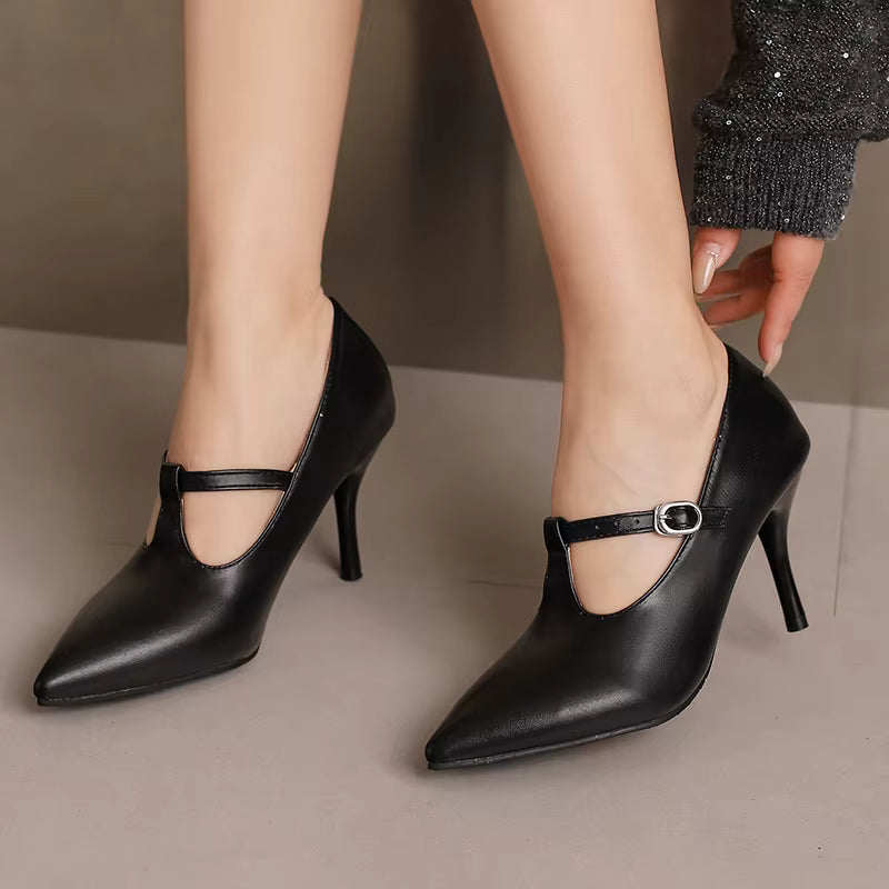 Casual Pointed Toe Leather Buckle Strap High Heel