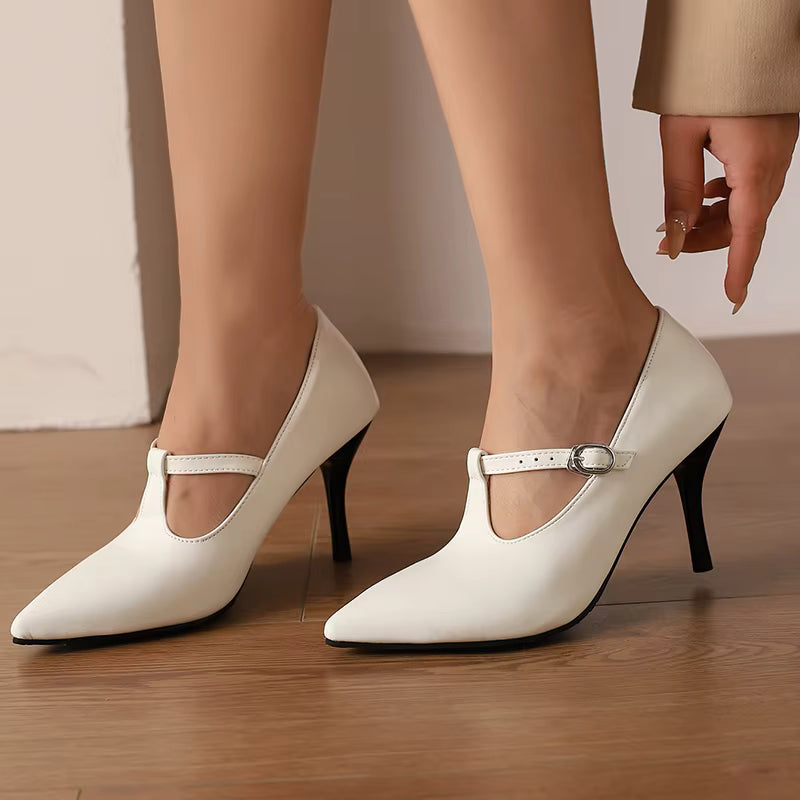 Casual Pointed Toe Leather Buckle Strap High Heel