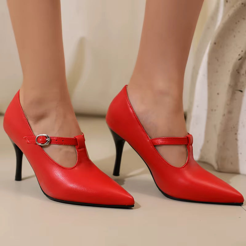 Casual Pointed Toe Leather Buckle Strap High Heel