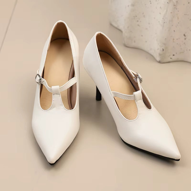 Casual Pointed Toe Leather Buckle Strap High Heel