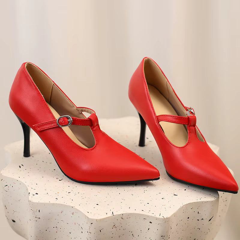 Casual Pointed Toe Leather Buckle Strap High Heel