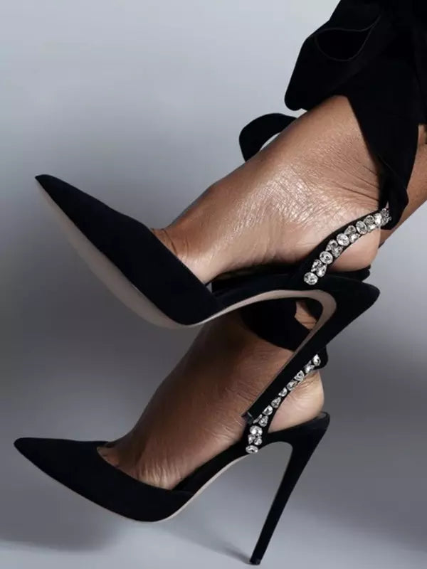 Casual Pointed Toe Rhinestones Lace Up Slingback Pumps Suede High Heel