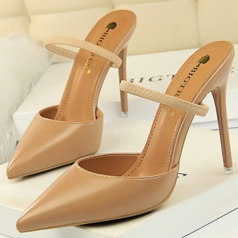 Casual Pointed Toe Shallow Slides Slip on High Heels