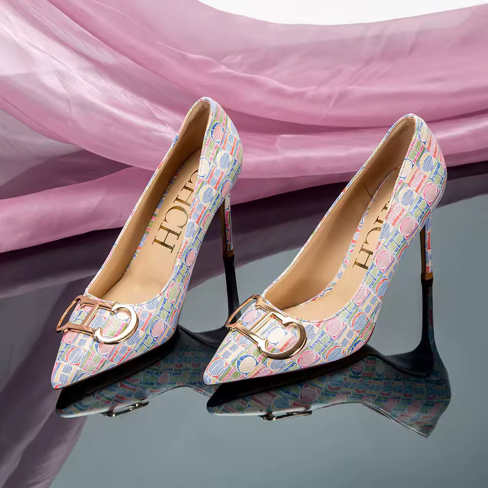 Casual Pointed Toe Letter Printed Thin High Heels