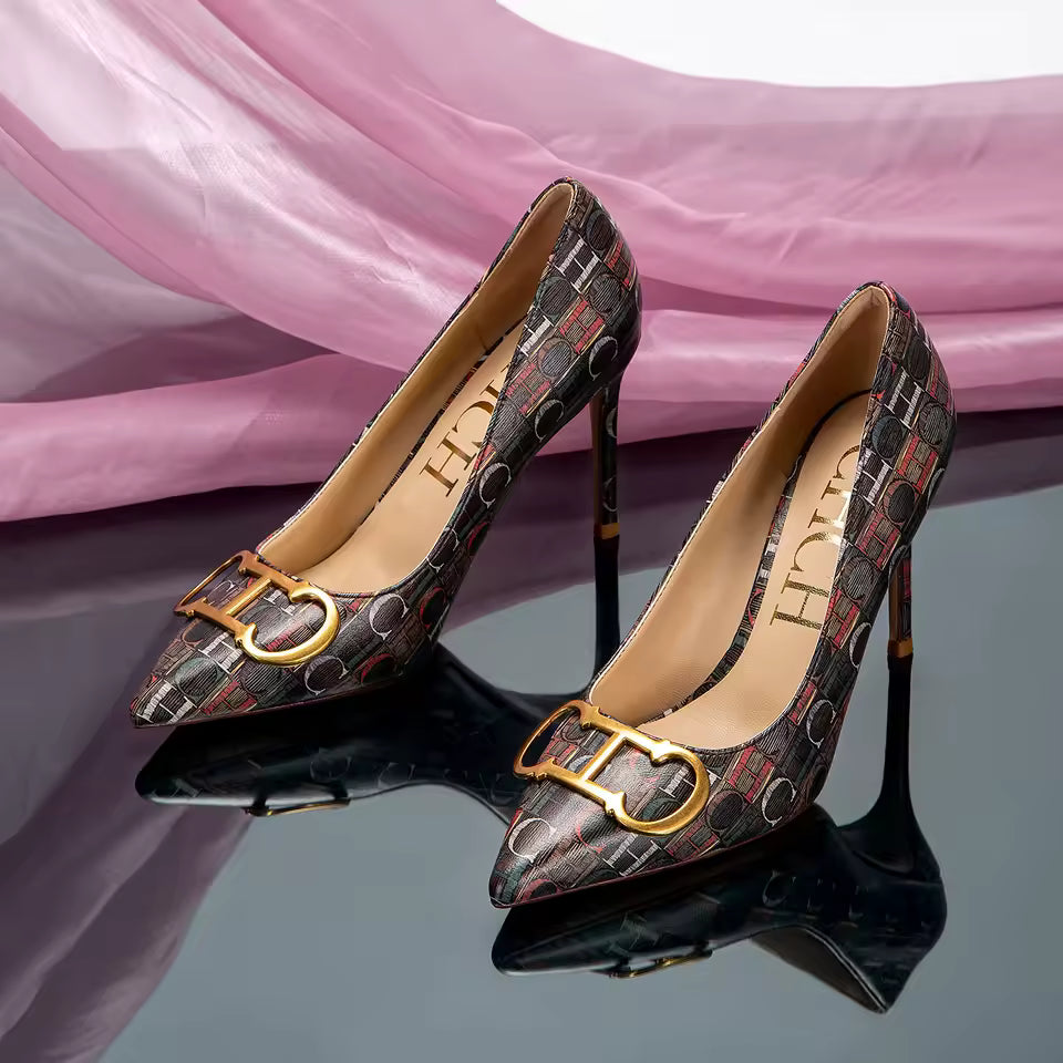 Casual Pointed Toe Letter Printed Thin High Heels