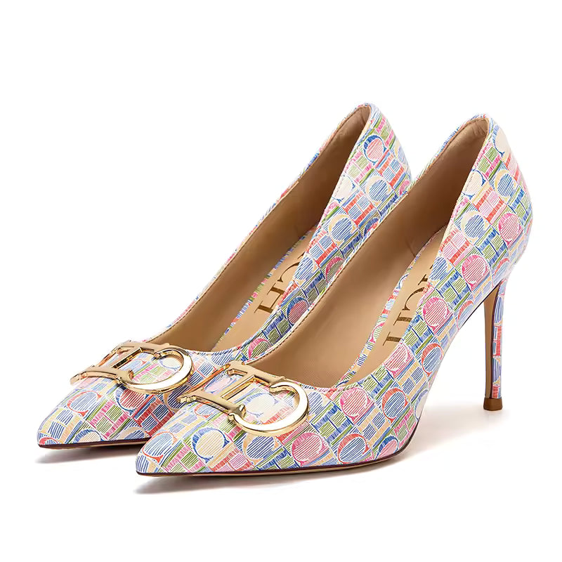 Casual Pointed Toe Letter Printed Thin High Heels