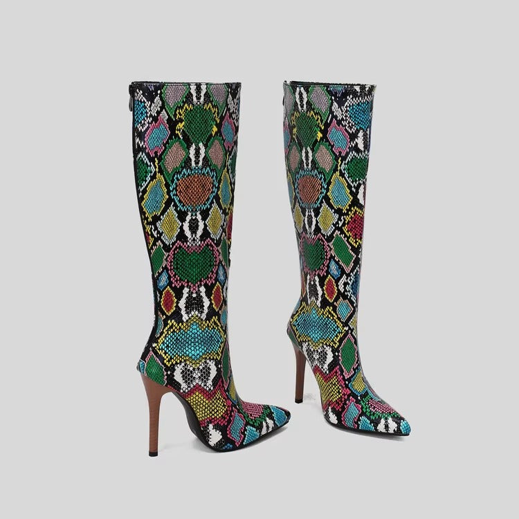 Casual Pointy Toe Snakeskin Print with Zipper Thin High Heels Knee High Long Boots