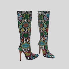 Casual Pointy Toe Snakeskin Print with Zipper Thin High Heels Knee High Long Boots
