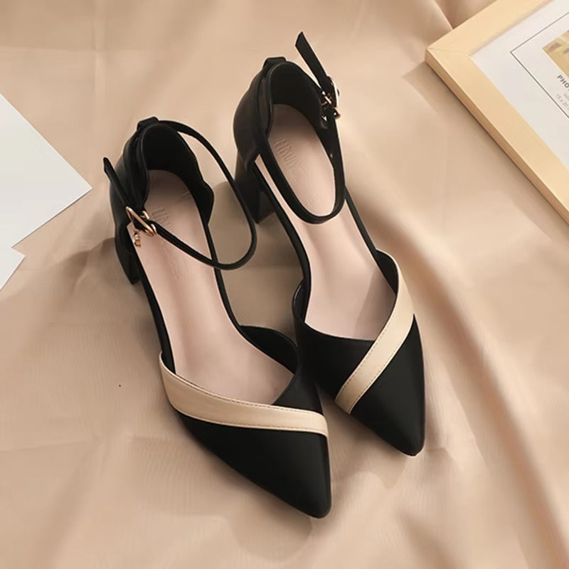 Casual Pu Leather Patchwork Ankle Strap High Heels Pumps