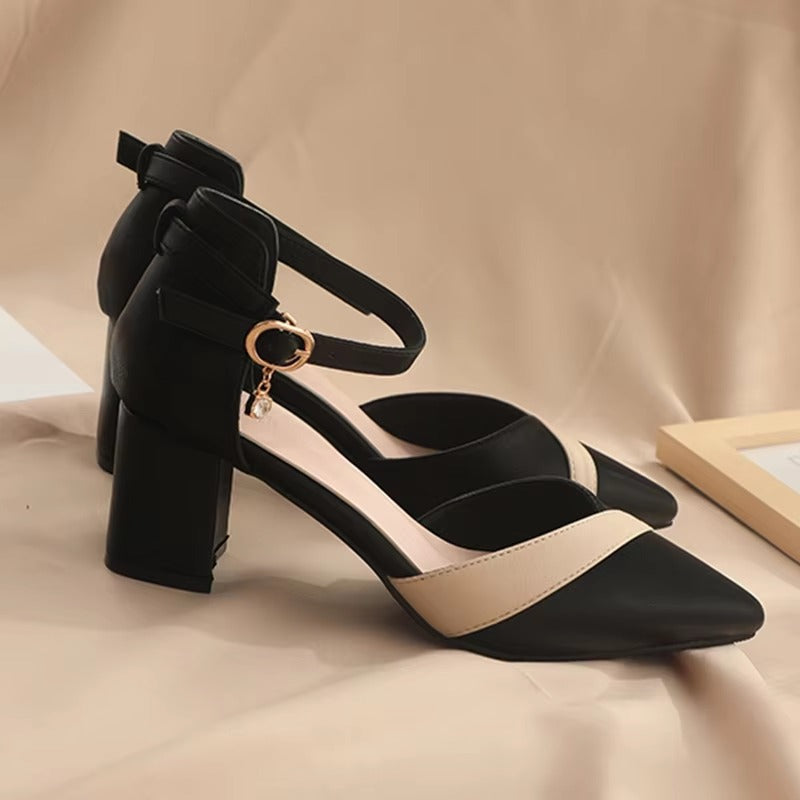 Casual Pu Leather Patchwork Ankle Strap High Heels Pumps