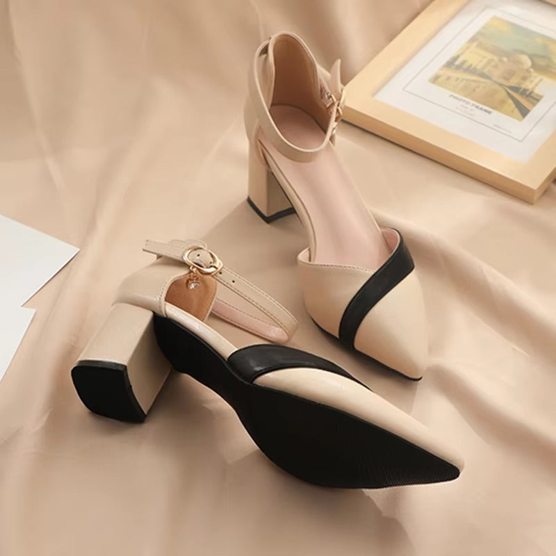 Casual Pu Leather Patchwork Ankle Strap High Heels Pumps