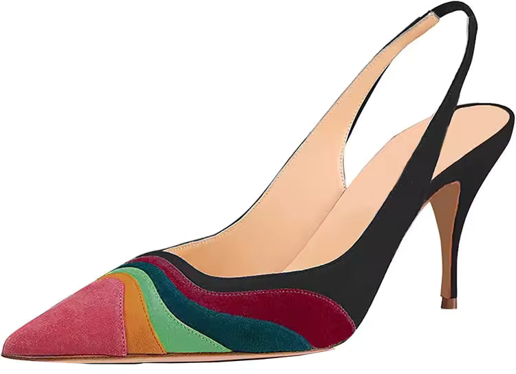 Casual Rainbow Pointed Toe Back Straps Stiletto Heels Colorful Lines Party Daily Pump Sandals