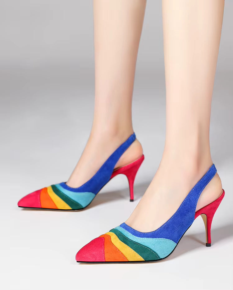Casual Rainbow Pointed Toe Back Straps Stiletto Heels Colorful Lines Party Daily Pump Sandals
