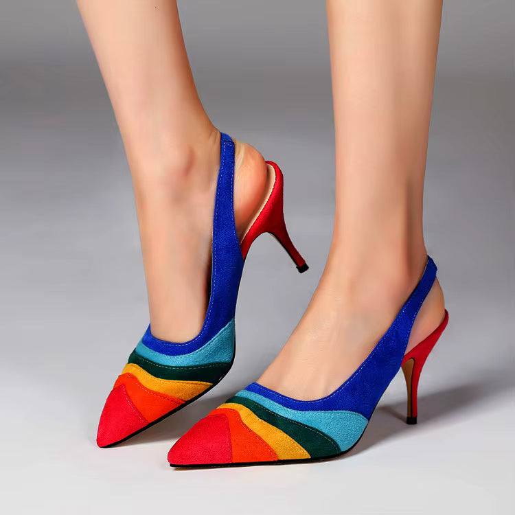 Casual Rainbow Pointed Toe Back Straps Stiletto Heels Colorful Lines Party Daily Pump Sandals