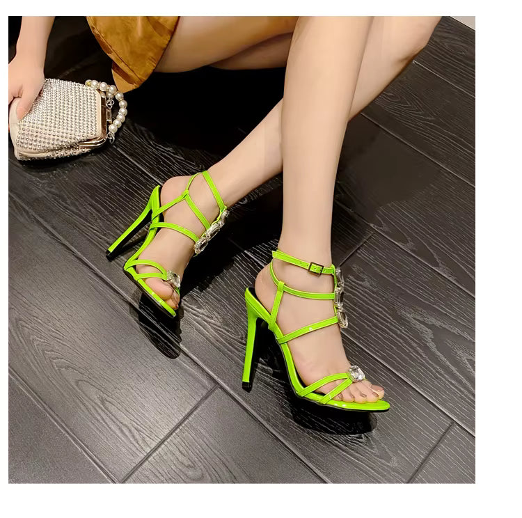 Casual Rhinestone Strappy Cut Out Narrow Band Stripper High Heels