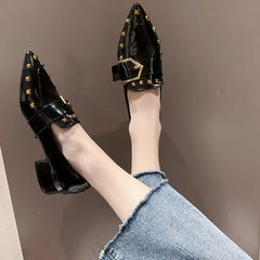 Casual Rivet Pointed Toe Thick Heels Slip on Shoes