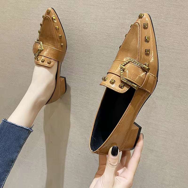 Casual Rivet Pointed Toe Thick Heels Slip on Shoes