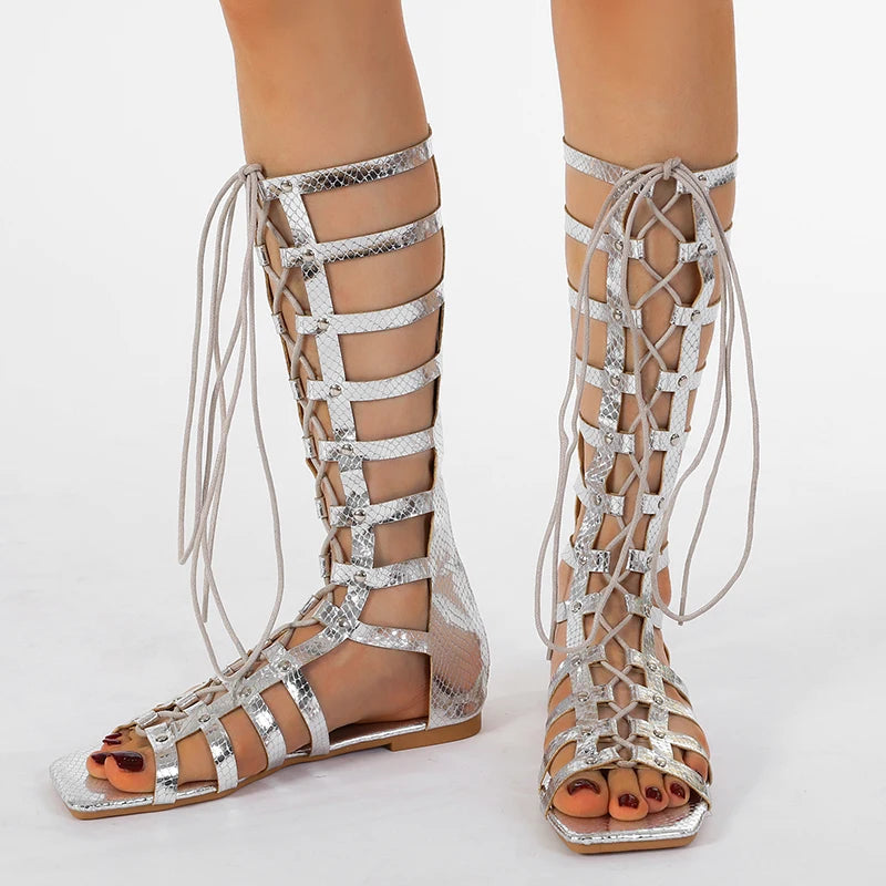 Casual Rivets Hollow Out T-tied Lace-up Gladiator Flats Heels Knee-High Sandals