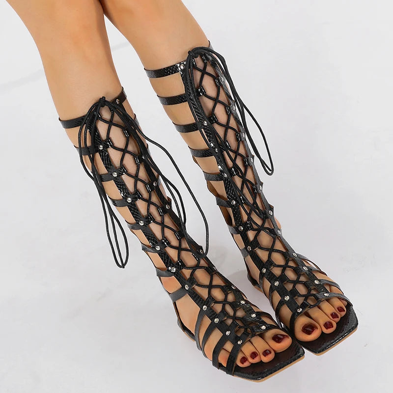 Casual Rivets Hollow Out T-tied Lace-up Gladiator Flats Heels Knee-High Sandals