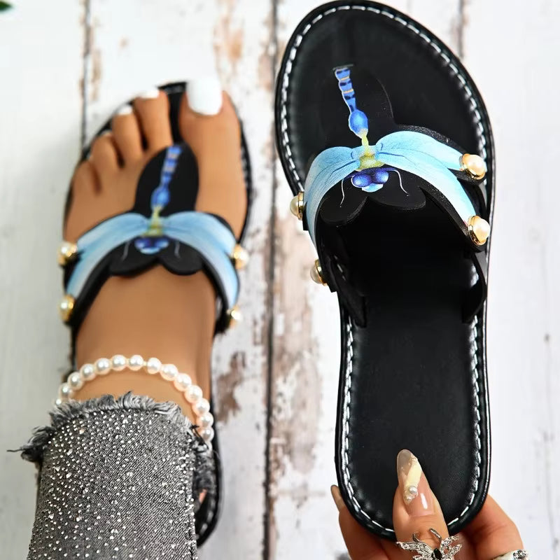 Casual Round Head Clip Toe Rivet Print Soft Sole Anti-slip Flat Slippers