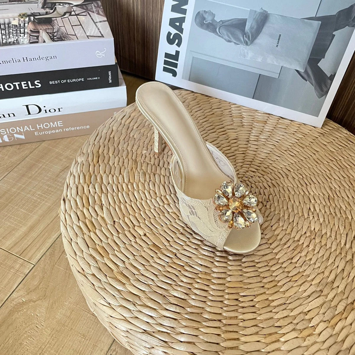 Casual Round Mesh Breathable Rhinestone Stiletto High Heels