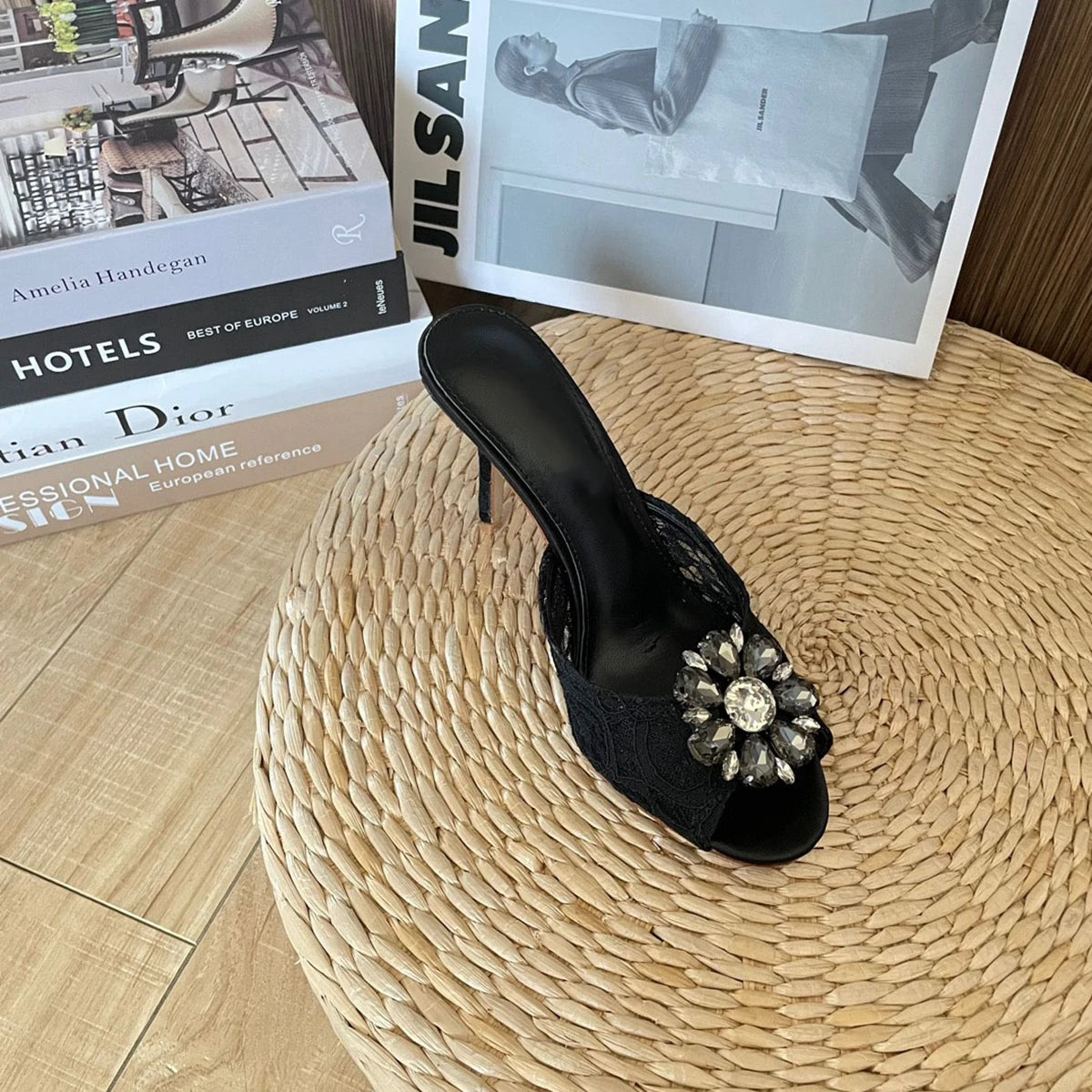 Casual Round Mesh Breathable Rhinestone Stiletto High Heels