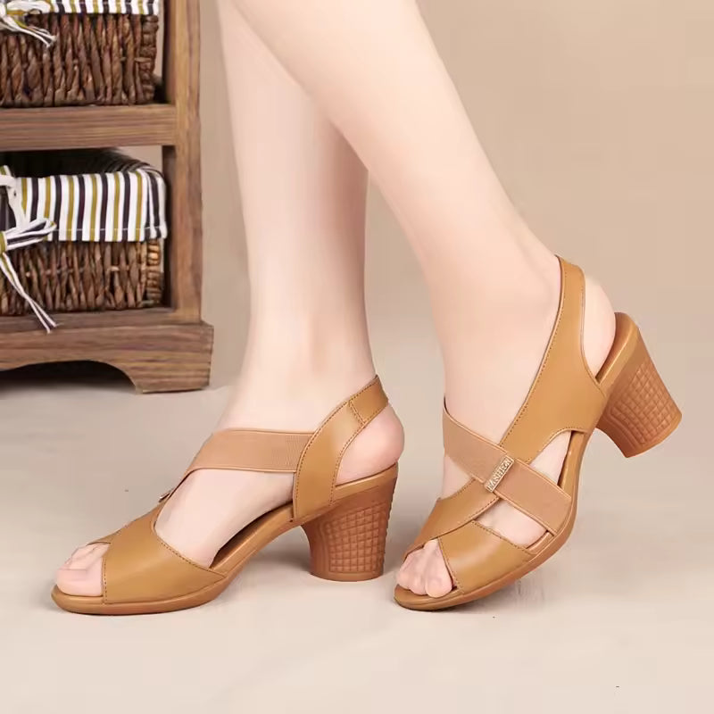 Casual Round Mid Heel Back Strap Peep Toe Pu Leather Beach Sandals