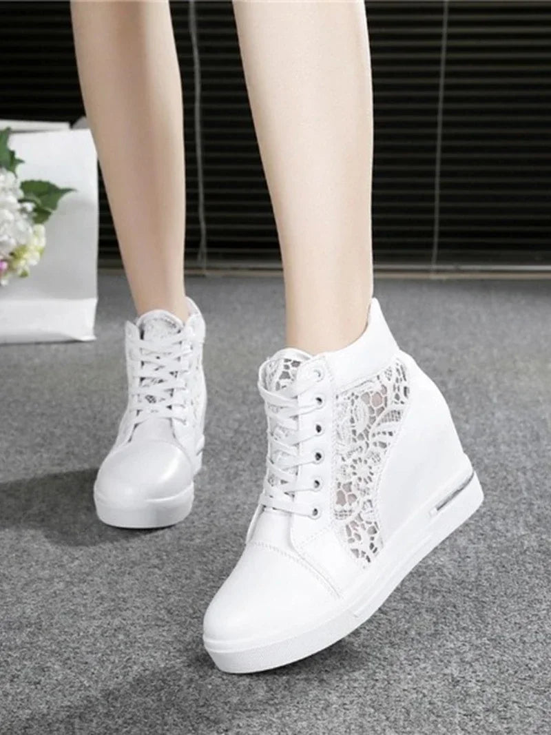 Casual Round Toe Leather High Heels Lace Up Wedge Platform Shoes