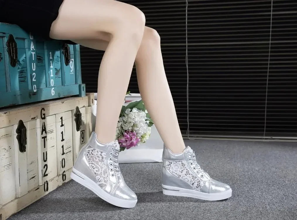 Casual Round Toe Leather High Heels Lace Up Wedge Platform Shoes