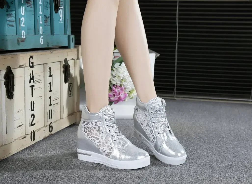 Casual Round Toe Leather High Heels Lace Up Wedge Platform Shoes