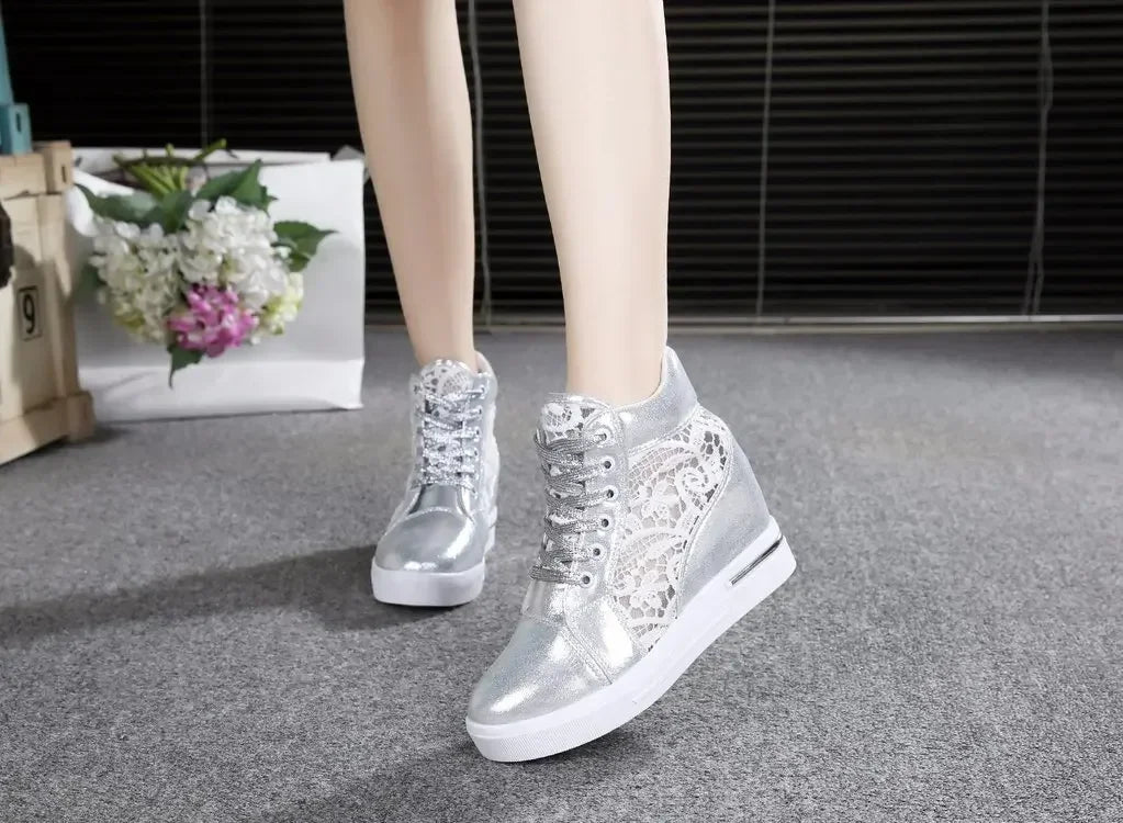 Casual Round Toe Leather High Heels Lace Up Wedge Platform Shoes