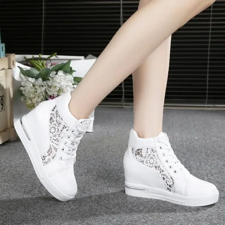 Casual Round Toe Leather High Heels Lace Up Wedge Platform Shoes